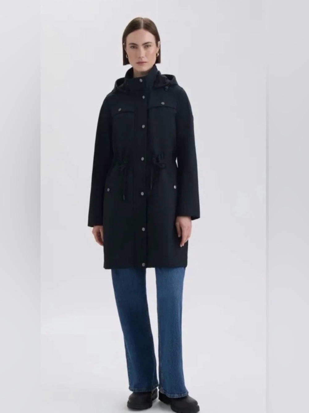 Hunter Kate cinched waist Black Hooded TrenchCoat rain coat